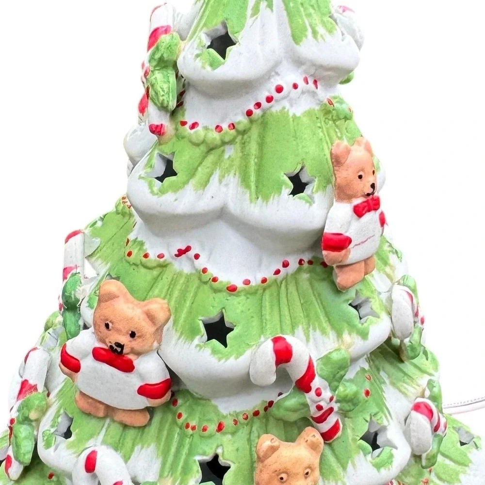 Vintage Ceramic Lighted Christmas Tree Santa Teddy Bear Candy Cane Star Cutouts